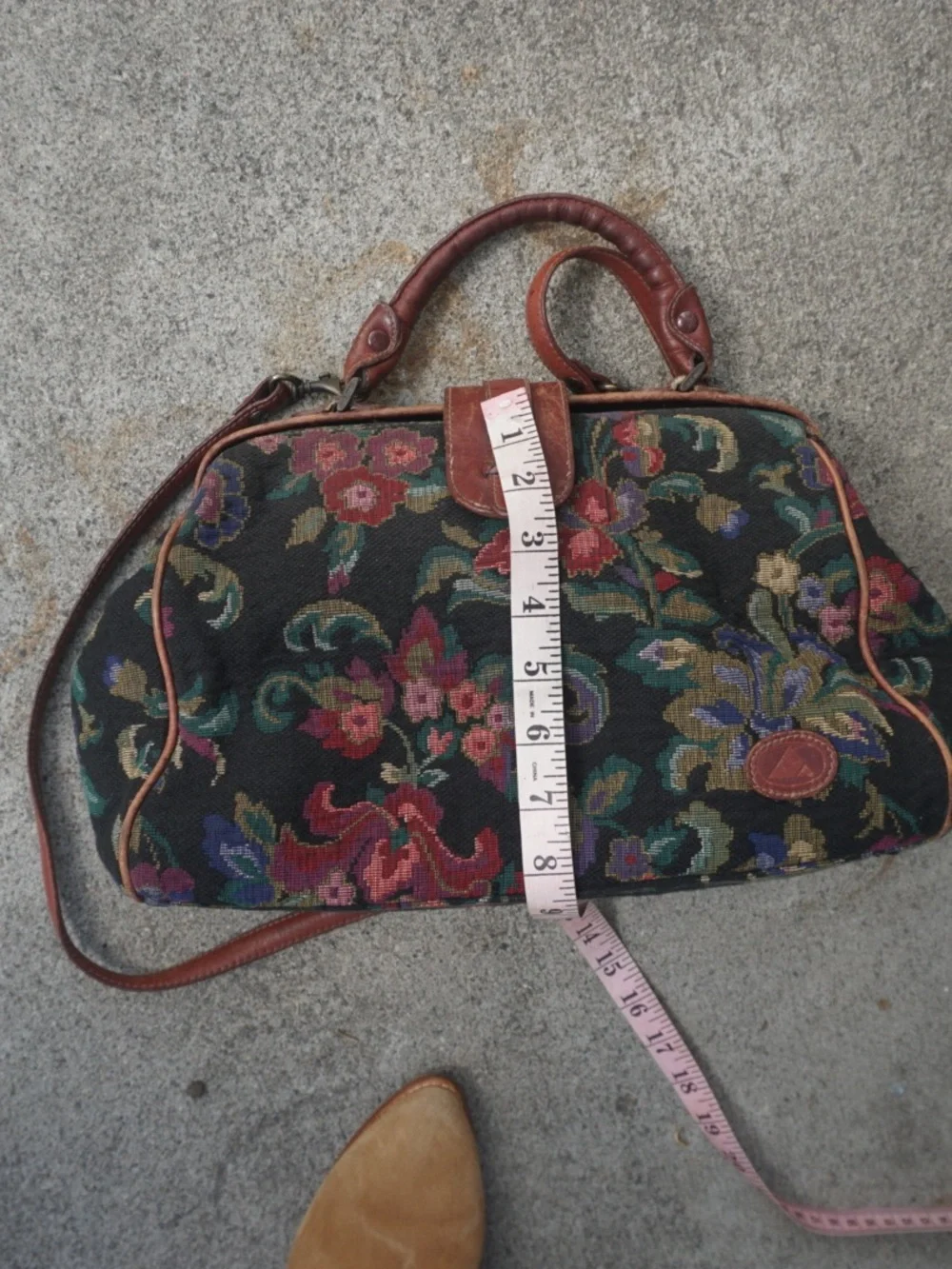 Liz Claiborne Black Floral Tapestry Satchel with Brown Trim small